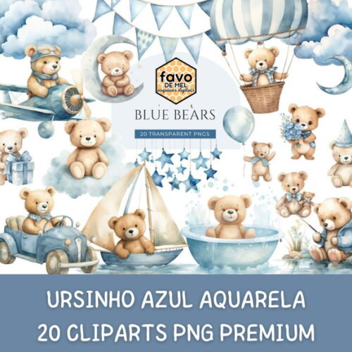 Kit Digital Ursinho Azul Aquarela Premium - Adorable Blue