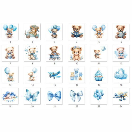 Kit Digital Ursinho Azul Aquarela Premium - Blue Teddy Bear
