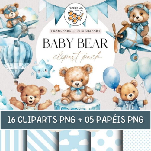 Kit Digital Ursinho Azul Aquarela Premium - Blue Baby Bear