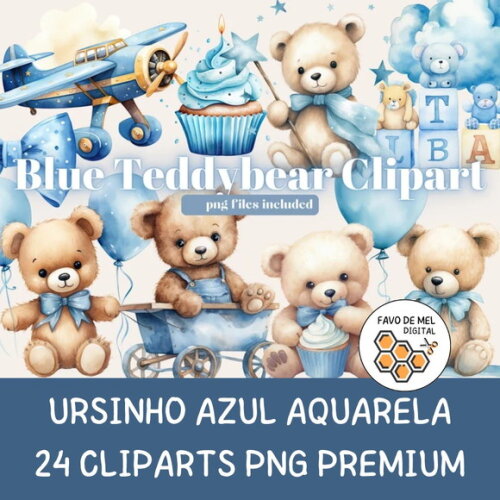 Kit Digital Ursinho Azul Aquarela Premium - Blue Teddy Bear