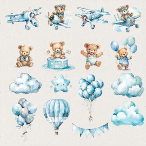 Kit Digital Ursinho Azul Aquarela Premium - Blue Baby Bear
