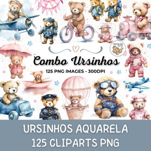 Kit Digital Ursinho Azul e Rosa Aquarela - Combo Premium
