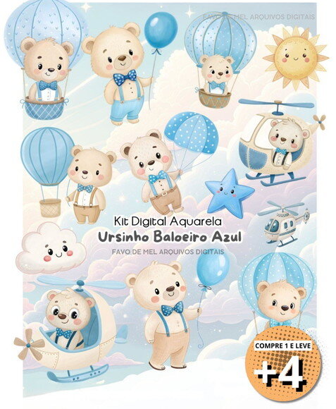 Kit Digital Ursinho Baloeiro Azul Aquarela