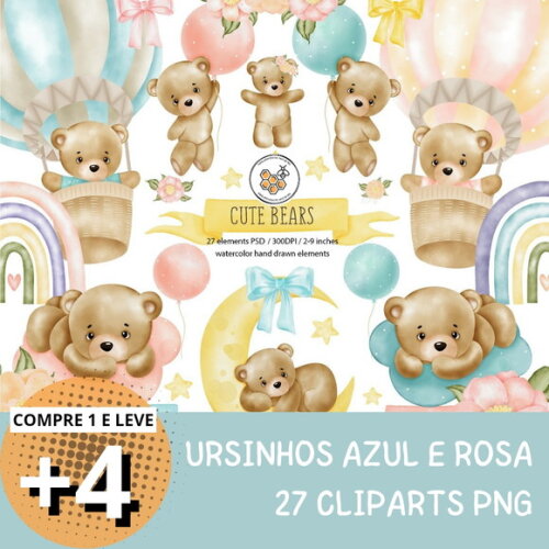 Kit Digital Ursinho Baloeiro Azul e Rosa - Cute Bears
