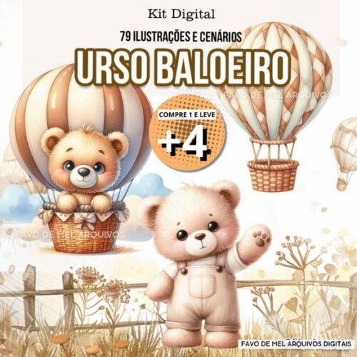 Kit Digital Ursinho Baloeiro Bege Neutro Aquarela #3