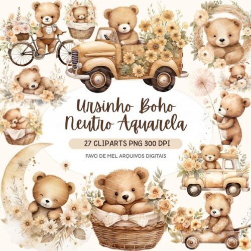 Kit Digital Ursinho Boho Neutro Aquarela Teddy Bear #4