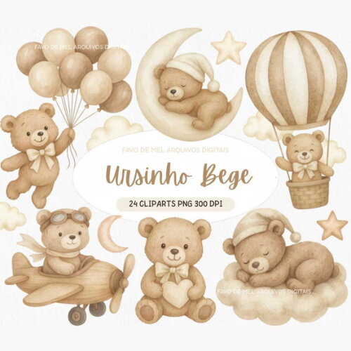 Kit Digital Ursinho Bege Ursinho Neutro Aquarela Premium Png
