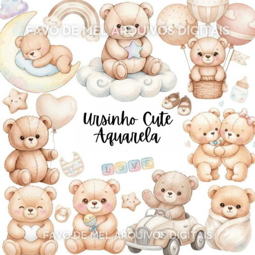 Kit Digital Ursinho Cute Aquarela - Cute Teddy Bear Bege #7