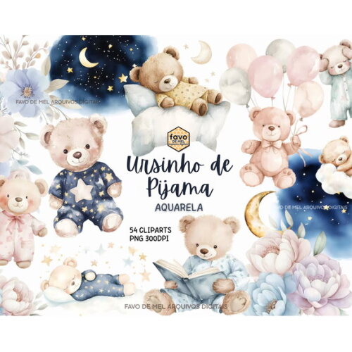 Kit Digital Ursinho de Pijama Aquarela - Sonhe Alto Png