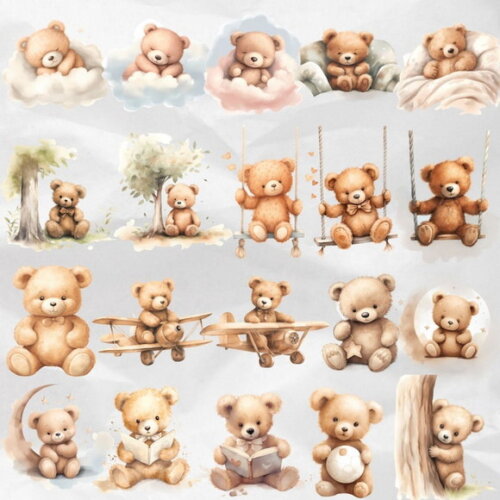 Kit Digital Ursinho Cute Aquarela Premium - Cute Teddy Bear