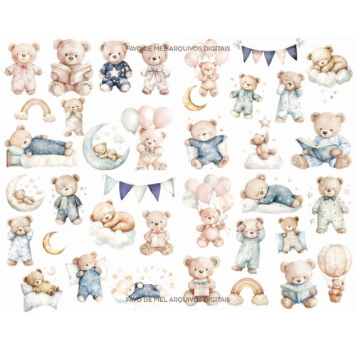 Kit Digital Ursinho de Pijama Aquarela - Sonhe Alto Png