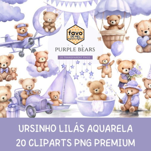 Kit Digital Ursinho Lilás Aquarela Premium - Adorable Purple