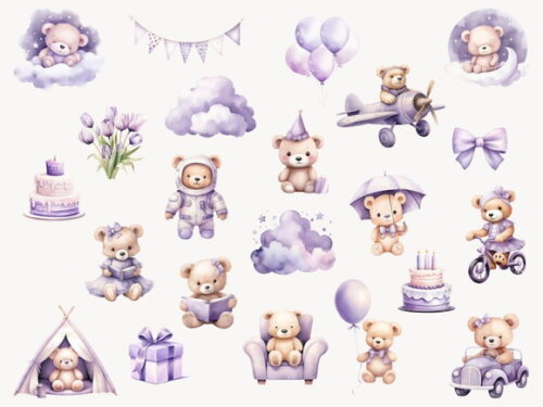 Kit Digital Ursinho Lilás Aquarela Premium - Teddy Bear (fd)