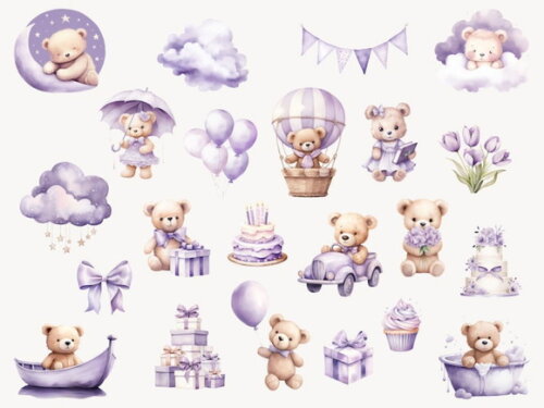 Kit Digital Ursinho Lilás Aquarela Premium - Teddy Bear (fd)