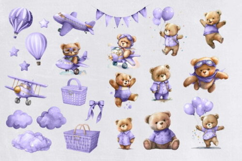 Kit Digital Ursinho Lilás Aquarela Premium - Baby Bear (hc)