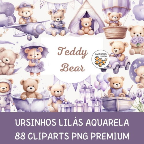 Kit Digital Ursinho Lilás Aquarela Premium - Teddy Bear (fd)