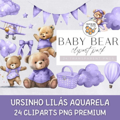 Kit Digital Ursinho Lilás Aquarela Premium - Baby Bear (hc)