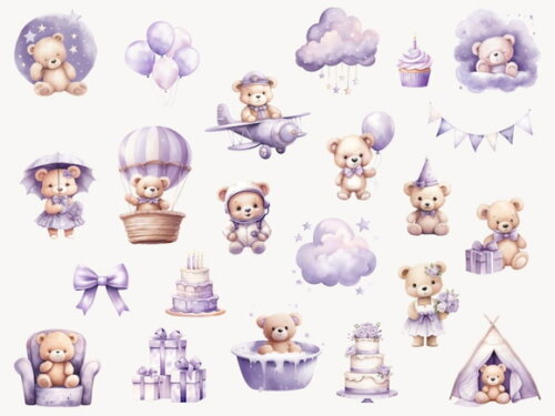 Kit Digital Ursinho Lilás Aquarela Premium - Teddy Bear (fd)