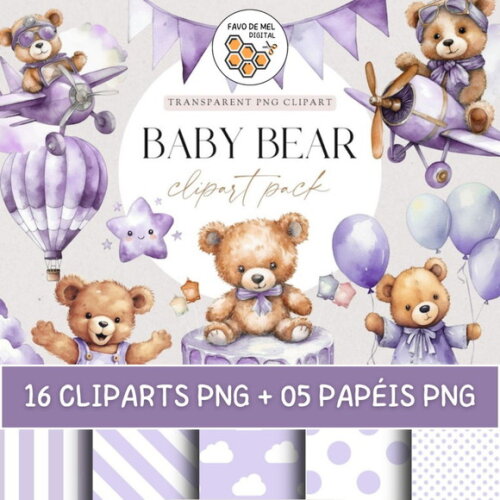 Kit Digital Ursinho Lilás Aquarela Premium -purple Baby Bear