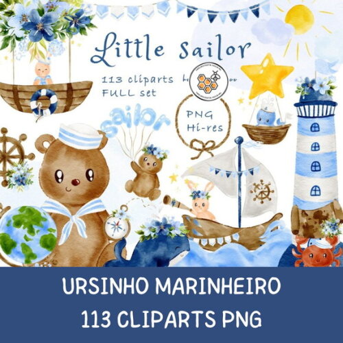 Kit Digital Ursinho Marinheiro Aquarela - Little Sailor