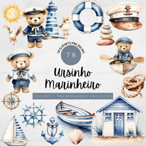 Kit Digital Ursinho Marinheiro Aquarela Premium Png