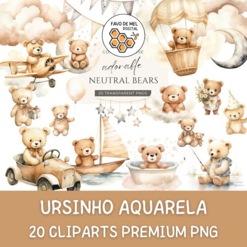 Kit Digital Ursinho Neutro Aquarela Premium - Adorable Bears