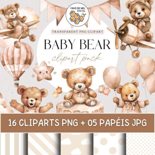 Kit Digital Ursinho Neutro Aquarela Premium -beige Baby Bear