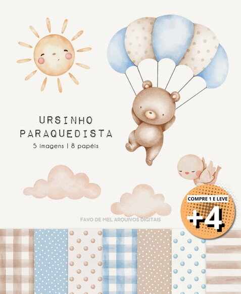 Kit Digital Ursinho Paraquedista Aquarela - Ursinho Baloeiro
