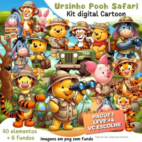 Kit Digital Ursinho Pooh Safari Cartoon Png (pague 1 Leve +4