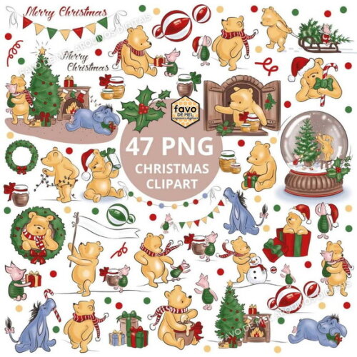 Kit Digital Ursinho Pooh Vintage Natal #2 Png Premium