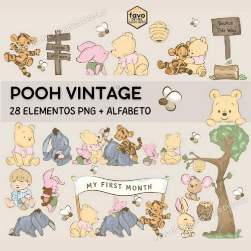 Kit Digital Ursinho Pooh Vintage #2 Png Premium