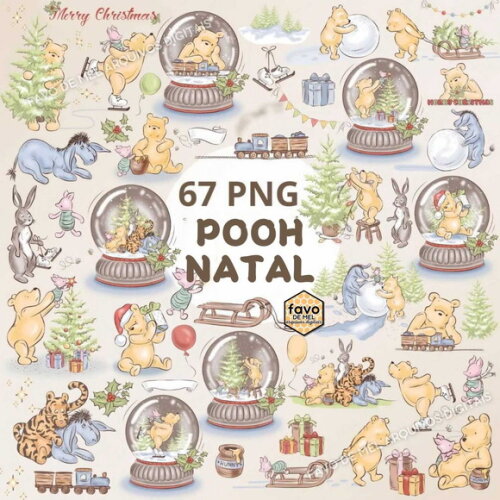 Kit Digital Ursinho Pooh Vintage Natal Png Premium