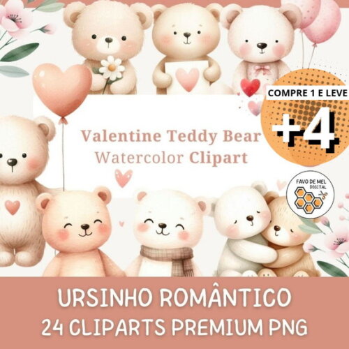 Kit Digital Ursinho Romântico Aquarela Premium (sd)