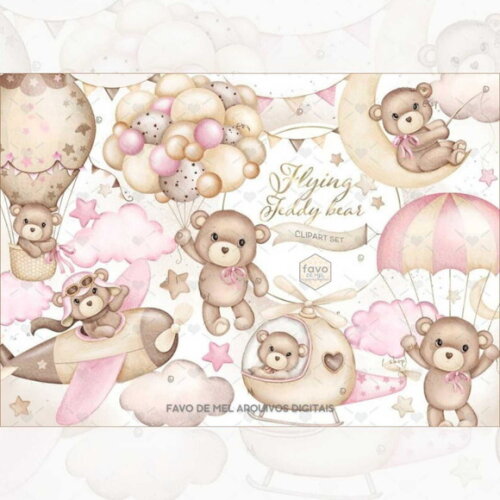 Kit Digital Ursinho Rosa Aquarela - Voe Alto #14 Png Premium