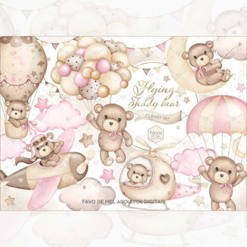 Kit Digital Ursinho Rosa Aquarela #13 Png Premium