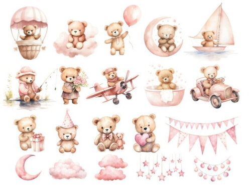 Kit Digital Ursinho Rosa Aquarela Premium - Adorable Pink