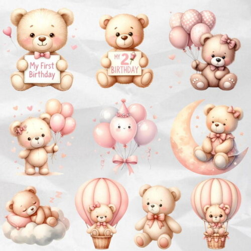 Kit Digital Ursinho Rosa Aquarela Premium | Pink Teddy Ddm