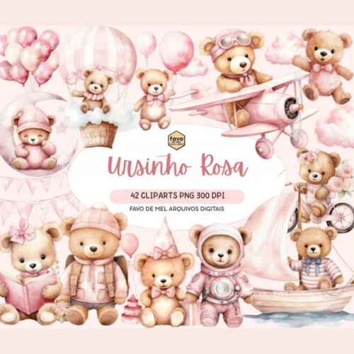 Kit Digital Ursinho Rosa Aquarela Premium | Pink Teddy Ccs
