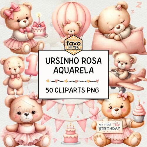 Kit Digital Ursinho Rosa Aquarela Premium | Pink Teddy Ddm