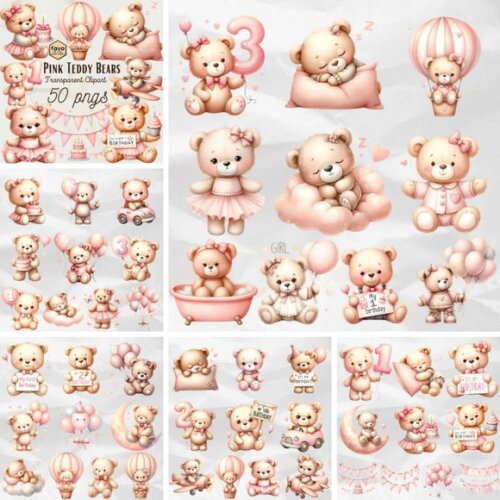 Kit Digital Ursinho Rosa Aquarela Premium | Pink Teddy Ddm