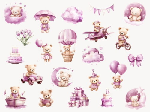 Kit Digital Ursinho Rosa Aquarela Premium | Pink Teddy Fd
