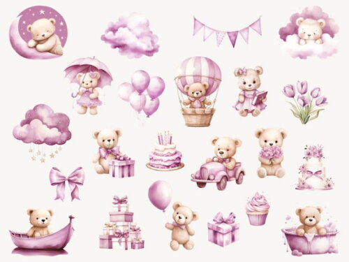 Kit Digital Ursinho Rosa Aquarela Premium | Pink Teddy Fd