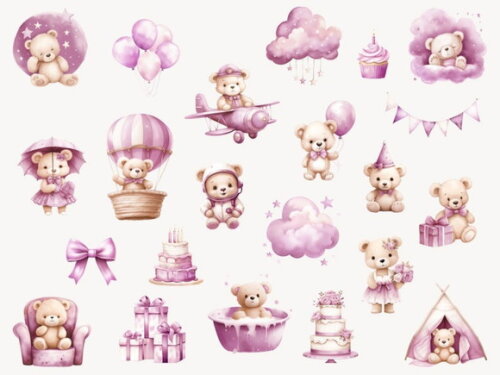 Kit Digital Ursinho Rosa Aquarela Premium | Pink Teddy Fd