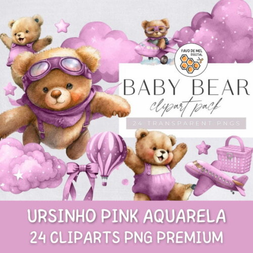 Kit Digital Ursinho Rosa Aquarela Premium- Pink Baby Bear Hc