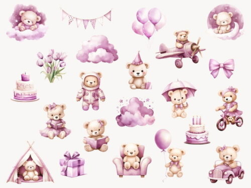 Kit Digital Ursinho Rosa Aquarela Premium | Pink Teddy Fd