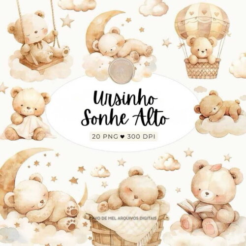 Kit Digital Ursinho Sonhe Alto Aquarela Png Premium