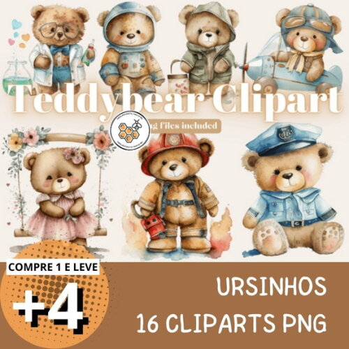 Kit Digital Ursinho Teddy Aquarela - Teddybear Clipart