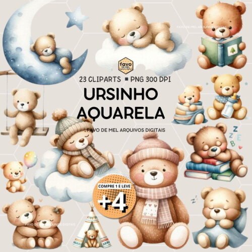 Kit Digital Ursinho Teddy Aquarela (pague 1 Leve +4)