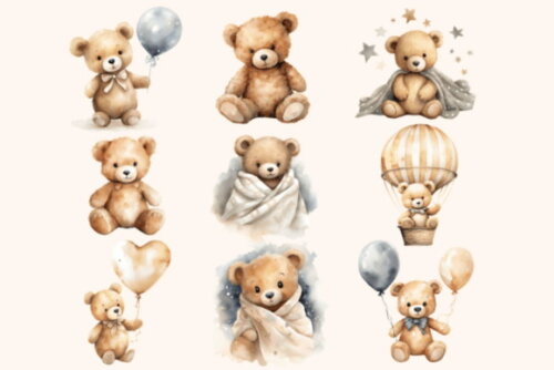 Kit Digital Ursinho Teddy Neutro Aquarela (pague 1 Leve +4)