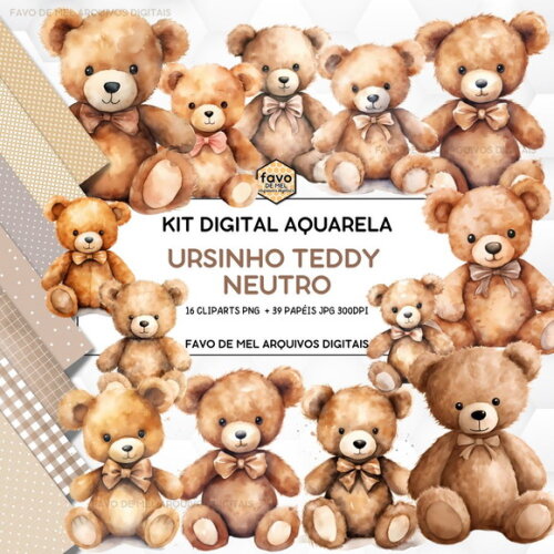 Kit Digital Ursinho Teddy Neutro Aquarela com Papéis